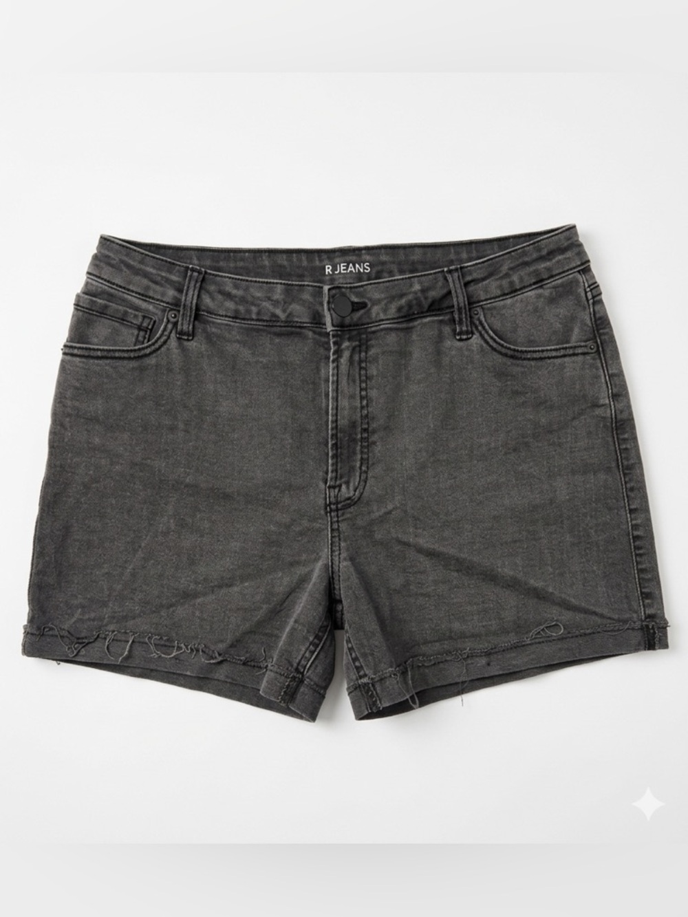 Reitmans | Mid Rise Frayed Hem Distressed Denim Shorts in Charcoal Black